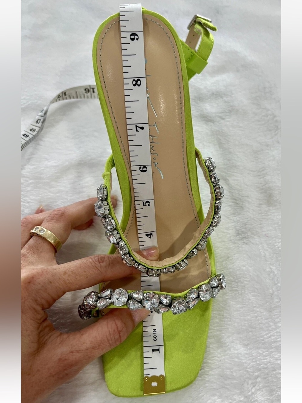 Betsey Johnson SB-Perry Citron Rhinestone Flare Heel Sandals Sz 7 M Like New - Picture 15 of 16
